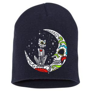 Sugar Skull Cat Moon Dia De Los Muertos Halloween Costume Short Acrylic Beanie