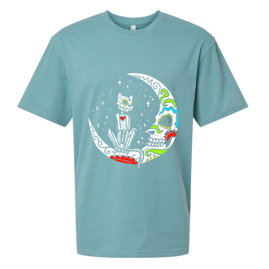 Sugar Skull Cat Moon Dia De Los Muertos Halloween Costume Sueded Cloud Jersey T-Shirt