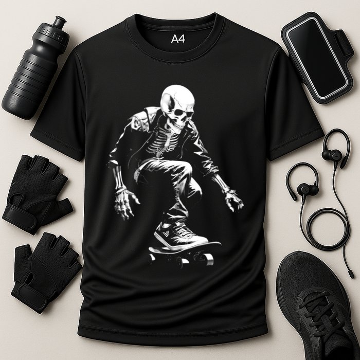 Skeleton Skateboarder Cool Cooling Performance Crew T-Shirt