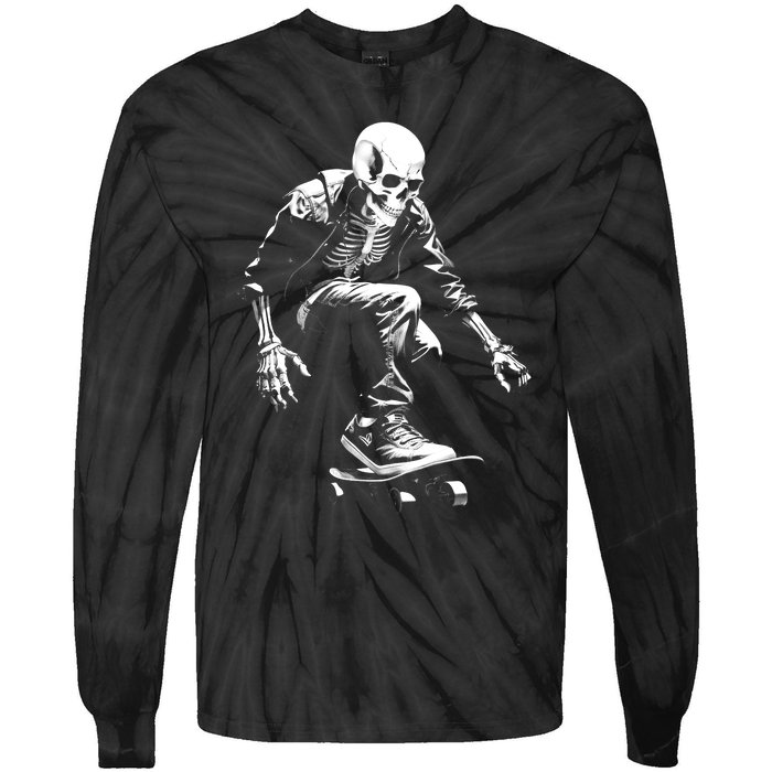 Skeleton Skateboarder Cool Tie-Dye Long Sleeve Shirt