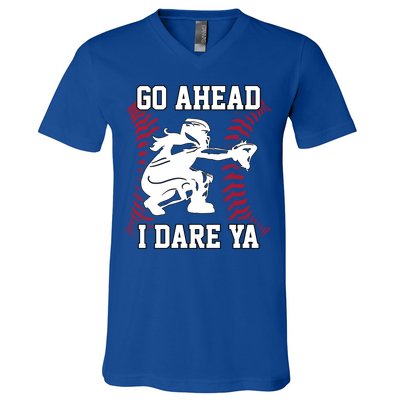S Softball Catcher Funny N I Dare Ya Gift V-Neck T-Shirt