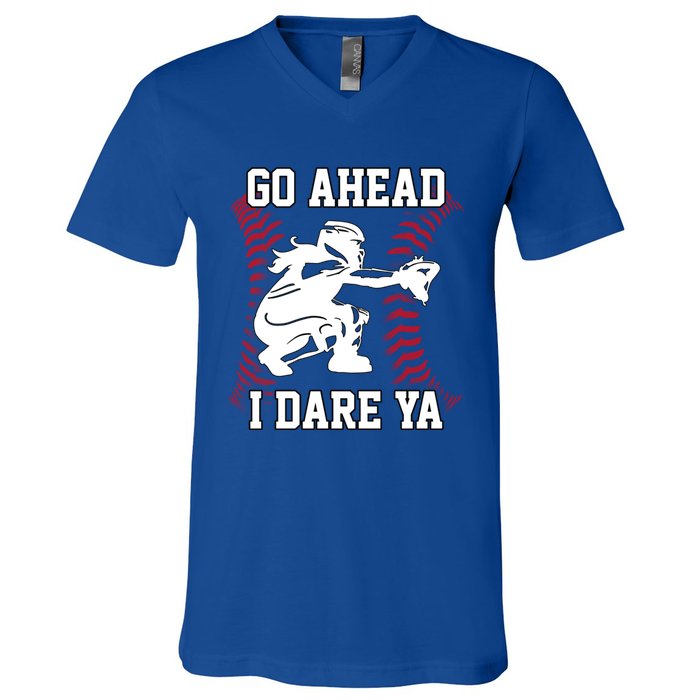 S Softball Catcher Funny N I Dare Ya Gift V-Neck T-Shirt