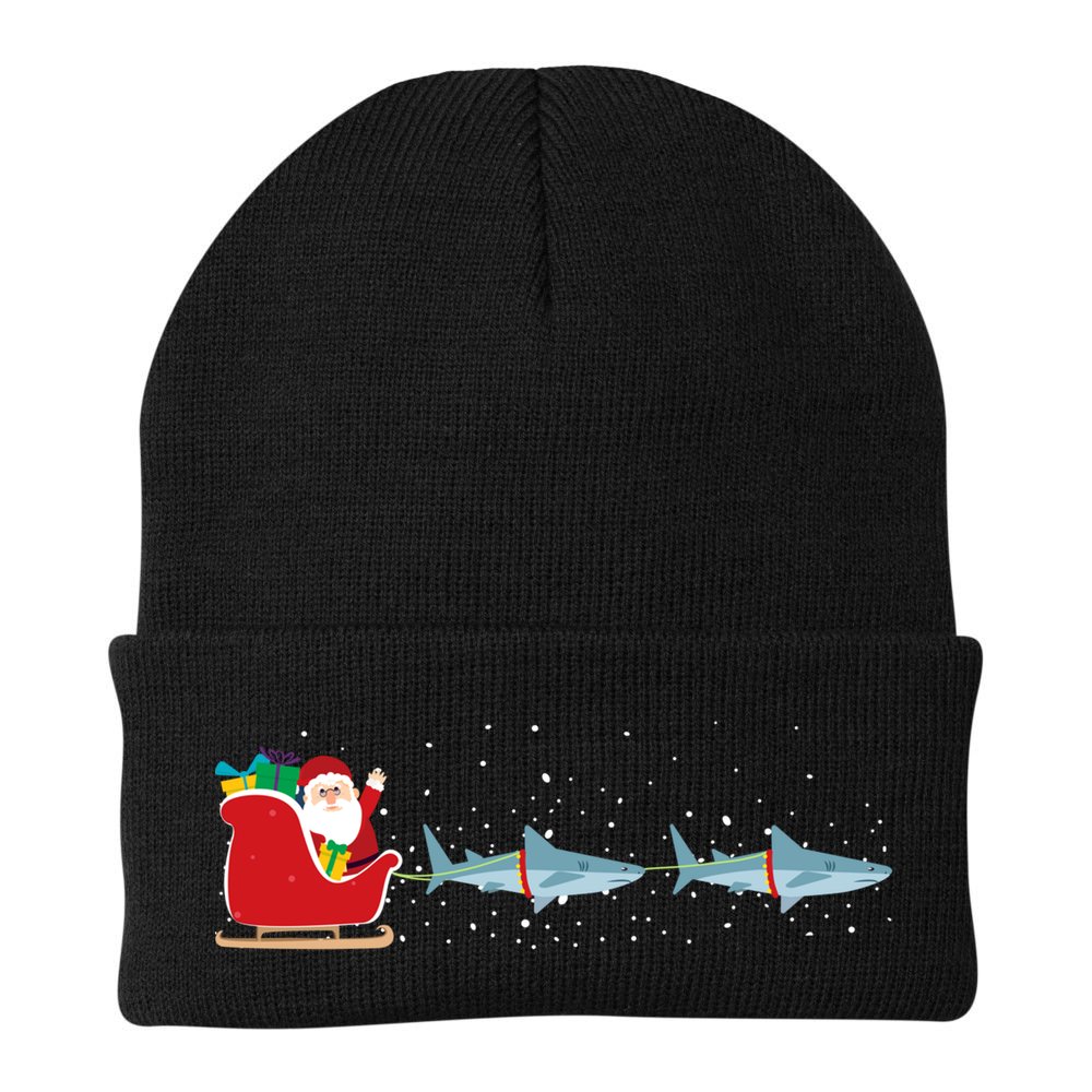 Shark Santa Christmas Sleigh Funny Shark Xmas Gift Beanie