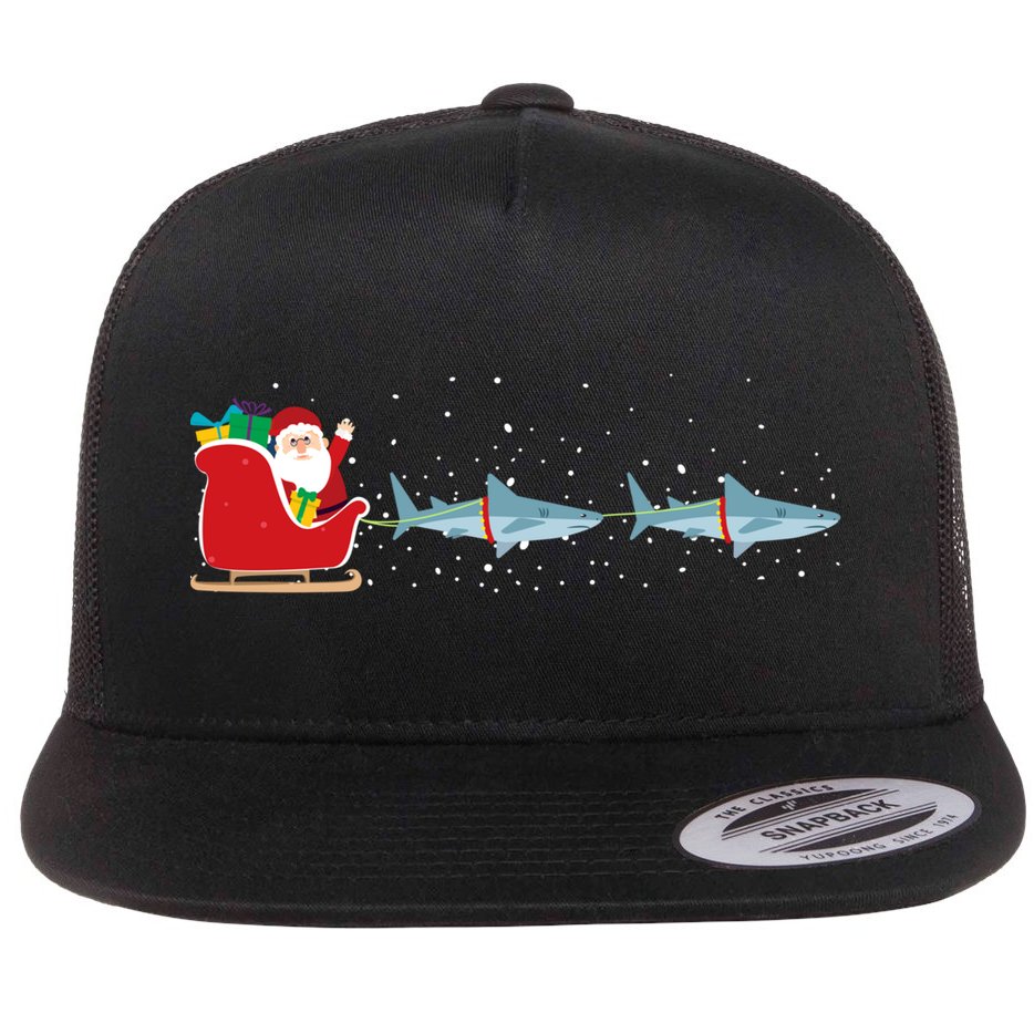 Shark Santa Christmas Sleigh Funny Shark Xmas Gift Flat Bill Trucker Hat