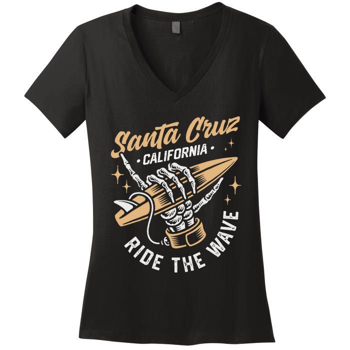 Surfing Santa Cruz Surfer Surfboard Vintage Women's V-Neck T-Shirt