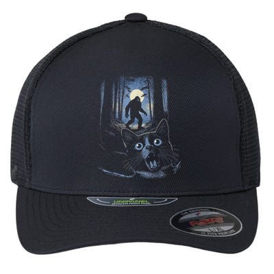 Surprised Scared Cat Selfie With Bigfo Ot Sasquatch Flexfit Unipanel Trucker Cap