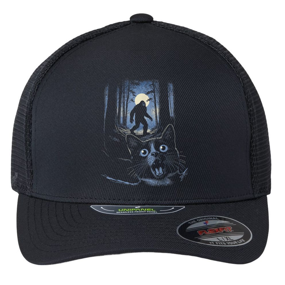 Surprised Scared Cat Selfie With Bigfo Ot Sasquatch Flexfit Unipanel Trucker Cap