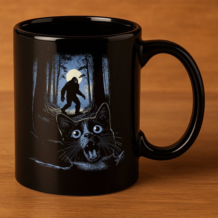 Surprised Scared Cat Selfie With Bigfo Ot Sasquatch 11oz C Handle Ceramic Mug
