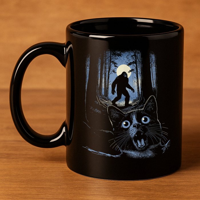 Surprised Scared Cat Selfie With Bigfo Ot Sasquatch 11oz C Handle Ceramic Mug