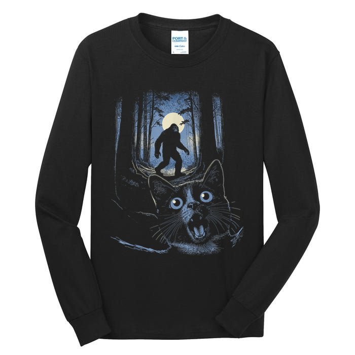 Surprised Scared Cat Selfie With Bigfo Ot Sasquatch Tall Long Sleeve T-Shirt