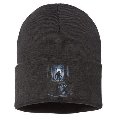 Surprised Scared Cat Selfie With Bigfo Ot Sasquatch Sustainable Knit Beanie