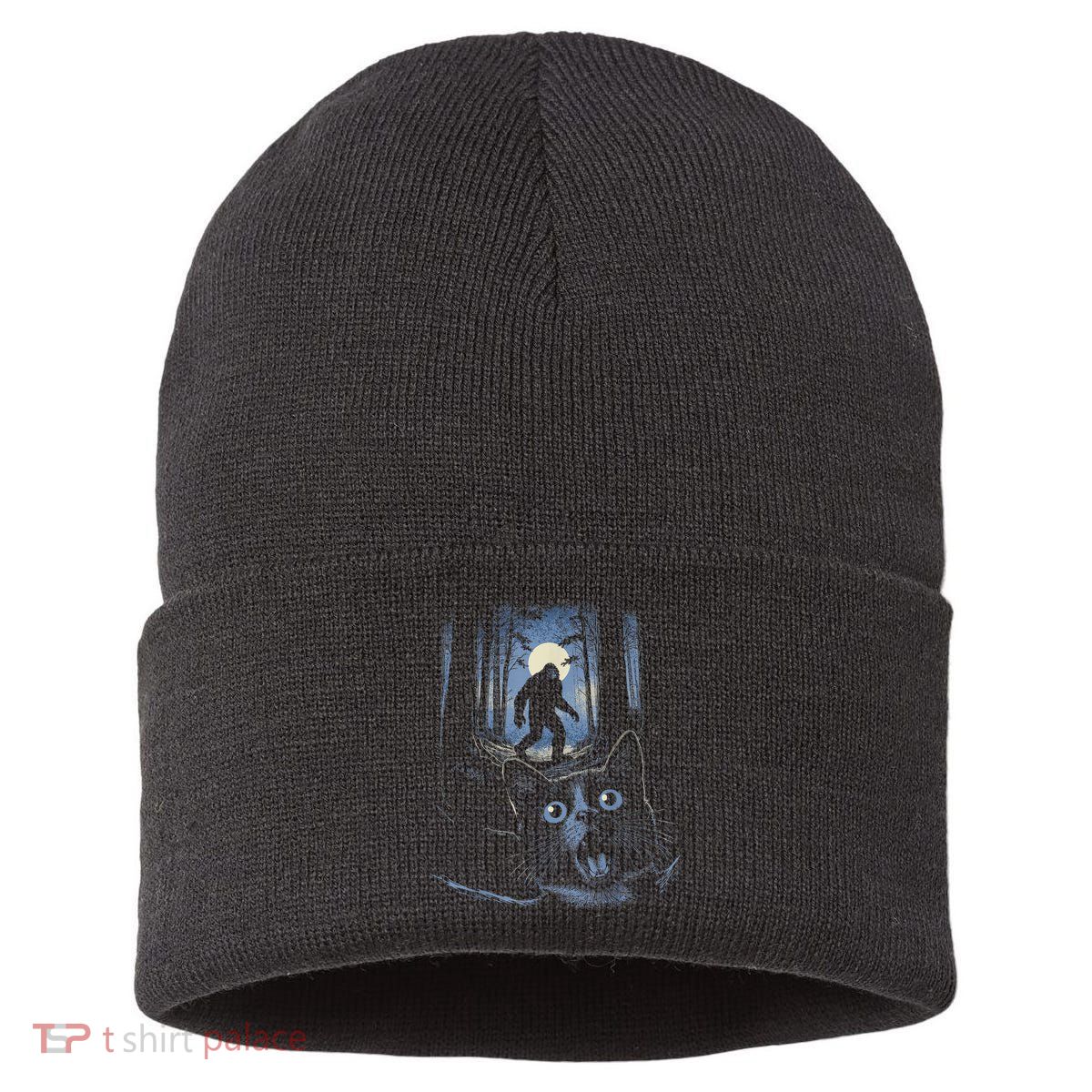 Surprised Scared Cat Selfie With Bigfo Ot Sasquatch Sustainable Knit Beanie