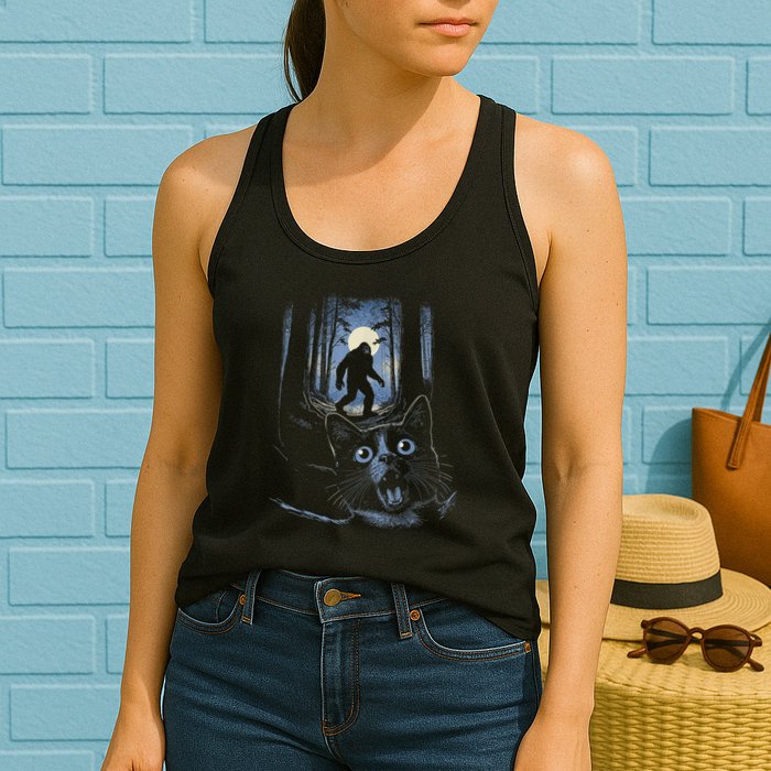 Surprised Scared Cat Selfie With Bigfo Ot Sasquatch Womens Tank Top