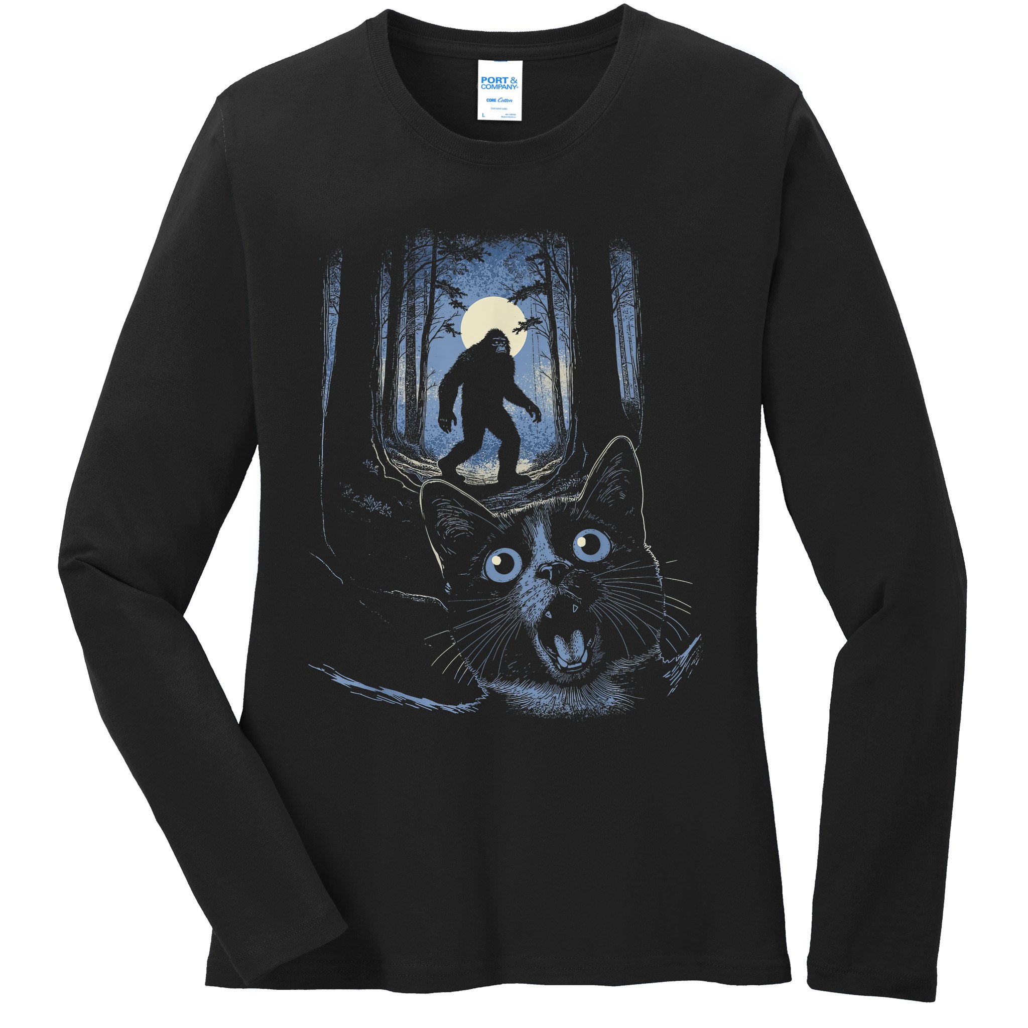 Surprised Scared Cat Selfie With Bigfo Ot Sasquatch Ladies Long Sleeve Shirt