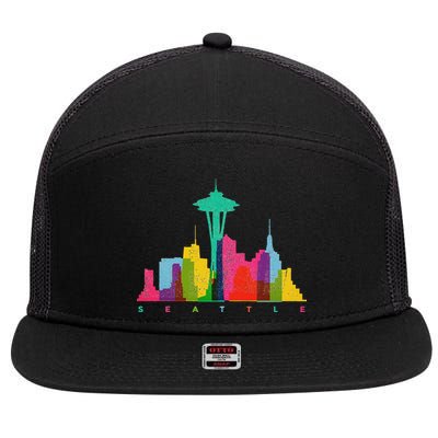 Seattle Skyline Colorful Washington 7 Panel Mesh Trucker Snapback Hat
