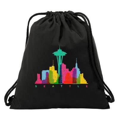 Seattle Skyline Colorful Washington Drawstring Bag