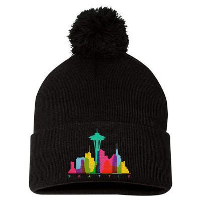 Seattle Skyline Colorful Washington Pom Pom 12in Knit Beanie