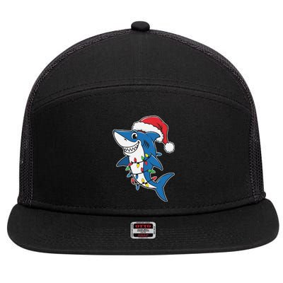 Santa Shark Christmas Lights Sharkmas Tree Xmas 2024 7 Panel Mesh Trucker Snapback Hat