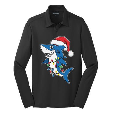 Santa Shark Christmas Lights Sharkmas Tree Xmas 2024 Silk Touch Performance Long Sleeve Polo