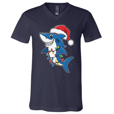 Santa Shark Christmas Lights Sharkmas Tree Xmas 2024 V-Neck T-Shirt