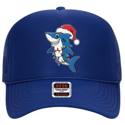 Santa Shark Christmas Lights Sharkmas Tree Xmas 2024 High Crown Mesh Back Trucker Hat