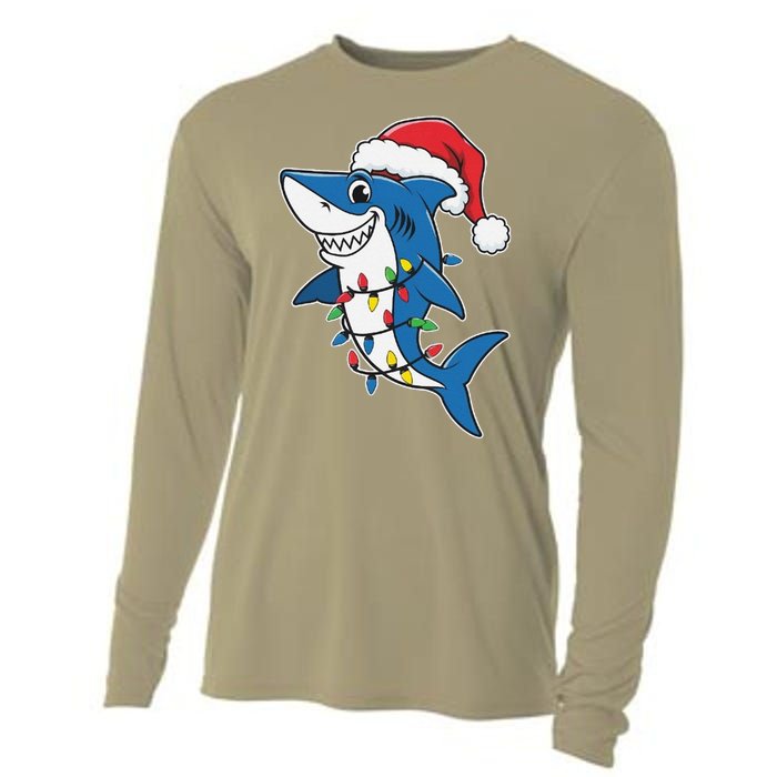 Santa Shark Christmas Lights Sharkmas Tree Xmas 2024 Cooling Performance Long Sleeve Crew