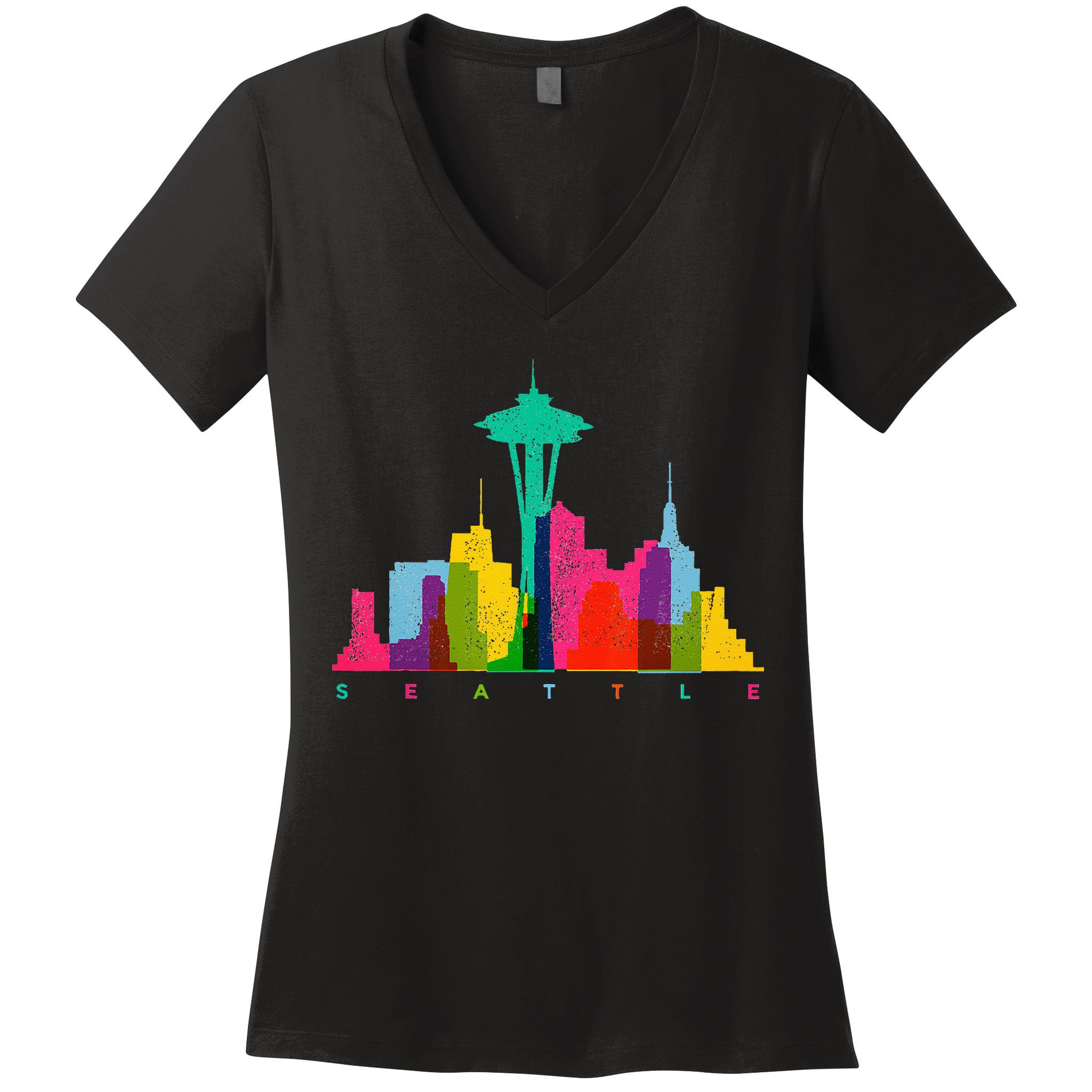 Seattle Skyline Colorful Washington Women's V-Neck T-Shirt