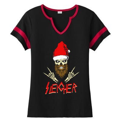 Sleigher Santa Christmas Skull Heavy Metal Rock N Roll Gift Ladies Halftime Notch Neck Tee