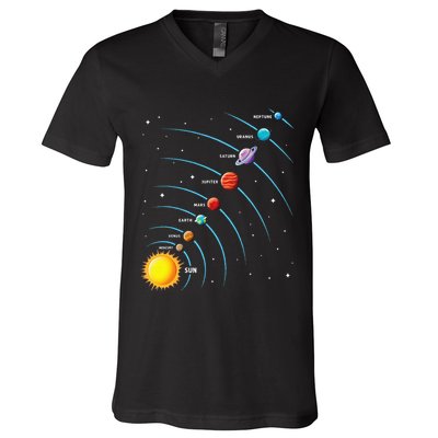 Solar System Colorful Space Planets Educational V-Neck T-Shirt