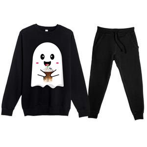 Spooky Season Cute Little Ghost Ice Coffee Halloween Tees Gift Premium Crewneck Sweatsuit Set