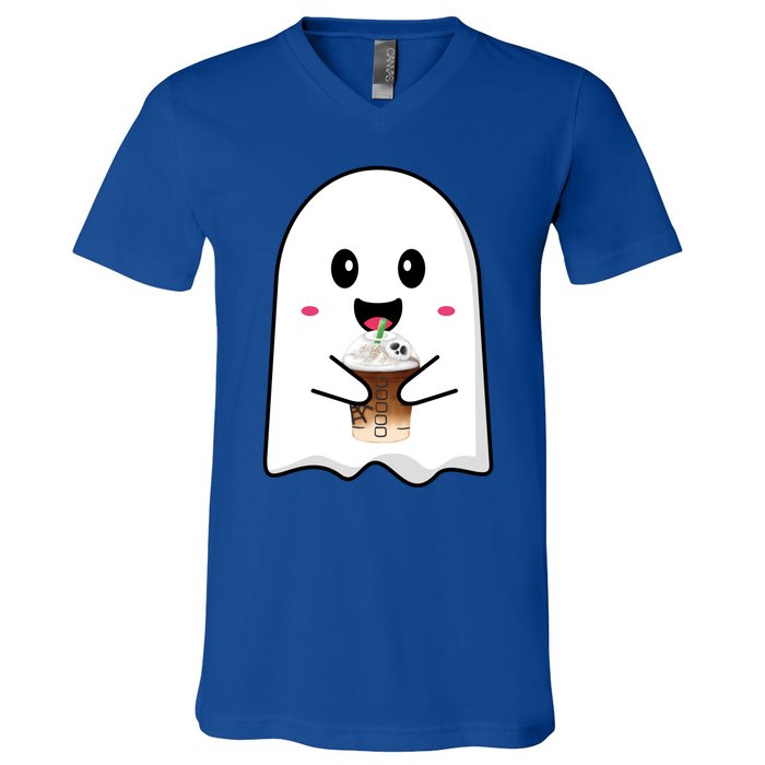 Spooky Season Cute Little Ghost Ice Coffee Halloween Tees Gift V-Neck T-Shirt