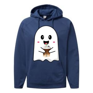 Spooky Season Cute Little Ghost Ice Coffee Halloween Tees Gift Performance Fleece Hoodie