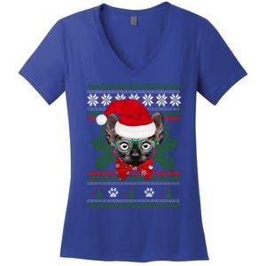 Santa Sphynx Cat Holiday Funny Ugly Christmas Xmas Gift Women's V-Neck T-Shirt