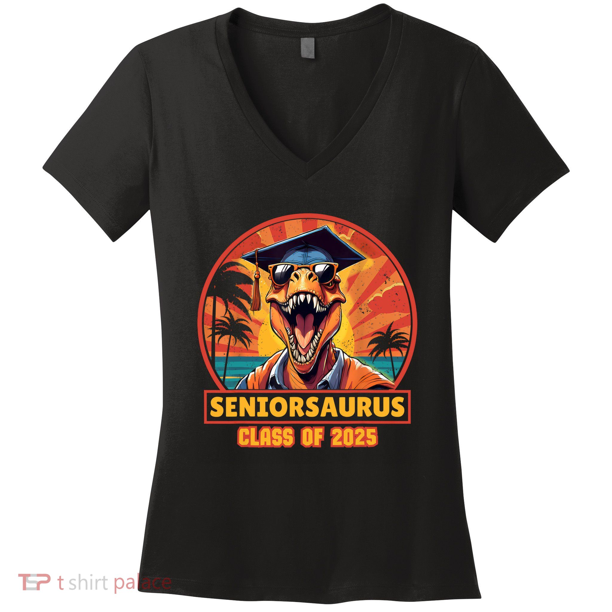 Seniorsaurus Senior Class Of 2025 Funny Dinosaur Graduation  Women's V-Neck T-Shirt