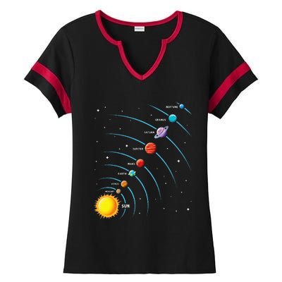 Solar System Colorful Space Planets Educational Ladies Halftime Notch Neck Tee