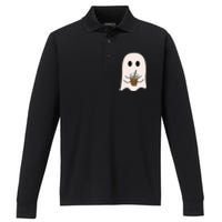 Spooky Season Cute Little Ghost Ice Coffee Halloween Costume Performance Long Sleeve Polo