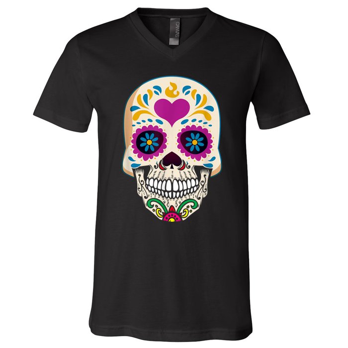 Sugar Skull Calavera Day Of The Dead Dia De Los Muertos V-Neck T-Shirt