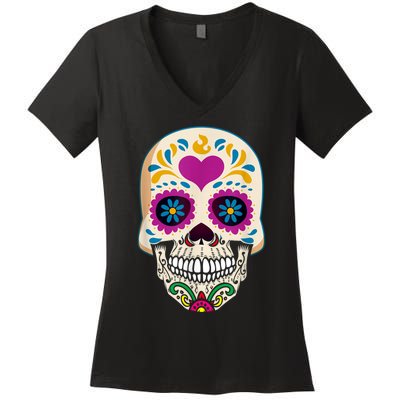 Sugar Skull Calavera Day Of The Dead Dia De Los Muertos Women's V-Neck T-Shirt