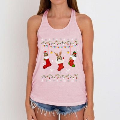 Shetland Sheepdog Christmas Socks Lights Gift Dog Lover Xmas Gift Women's Knotted Racerback Tank