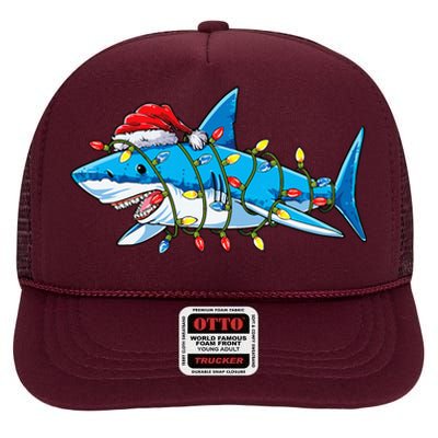 Santa Shark Christmas Lights Sharkmas Tree Xmas High Crown Mesh Back Trucker Hat