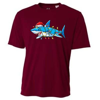 Santa Shark Christmas Lights Sharkmas Tree Xmas Cooling Performance Crew T-Shirt