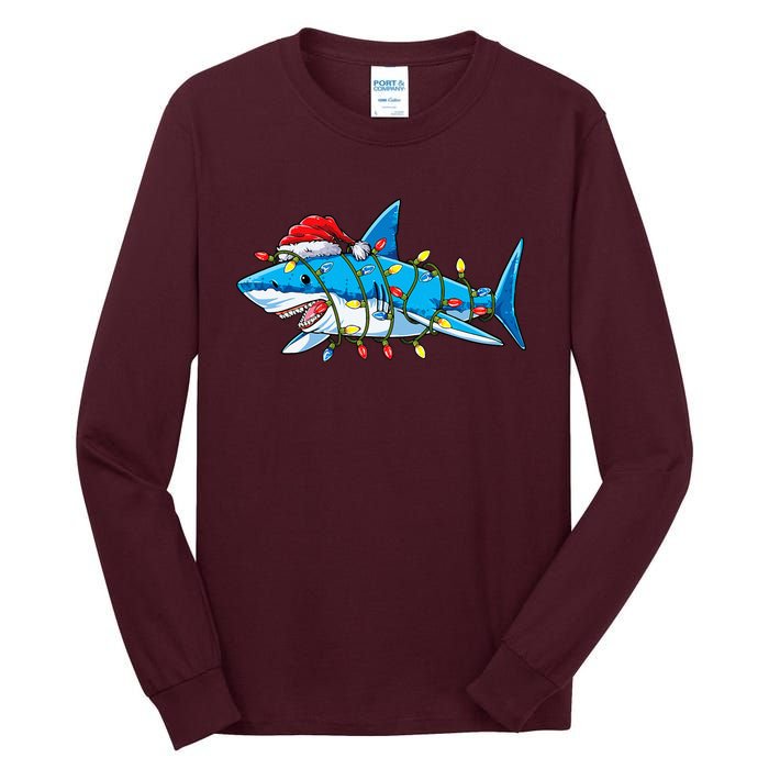 Santa Shark Christmas Lights Sharkmas Tree Xmas Tall Long Sleeve T-Shirt