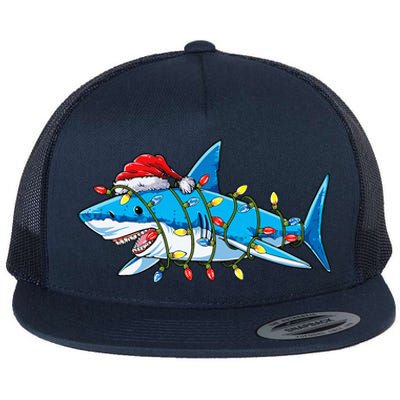 Santa Shark Christmas Lights Sharkmas Tree Xmas Flat Bill Trucker Hat