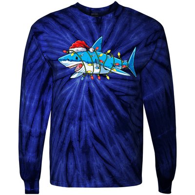 Santa Shark Christmas Lights Sharkmas Tree Xmas Tie-Dye Long Sleeve Shirt