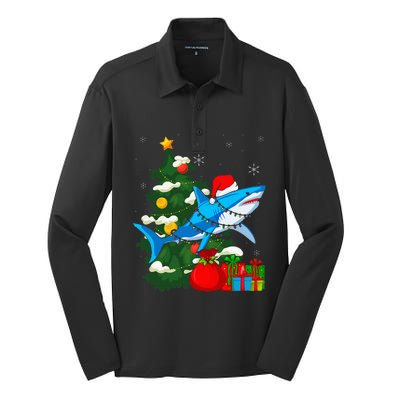 Santa Shark Christmas Lights Sharkmas Tree Xmas Silk Touch Performance Long Sleeve Polo