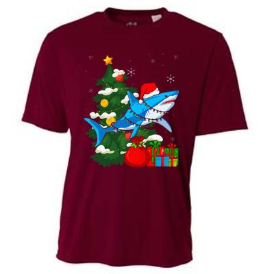 Santa Shark Christmas Lights Sharkmas Tree Xmas Cooling Performance Crew T-Shirt