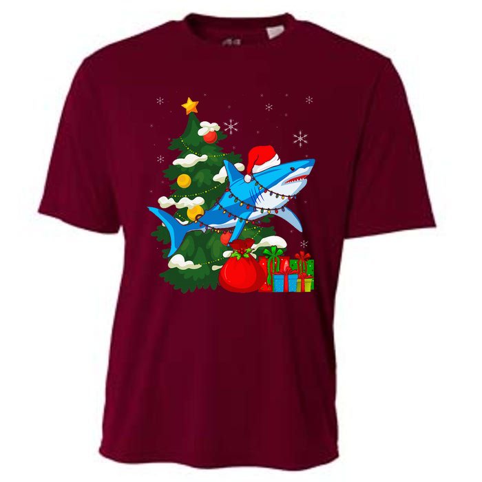 Santa Shark Christmas Lights Sharkmas Tree Xmas Cooling Performance Crew T-Shirt