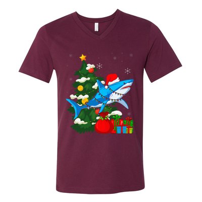 Santa Shark Christmas Lights Sharkmas Tree Xmas V-Neck T-Shirt