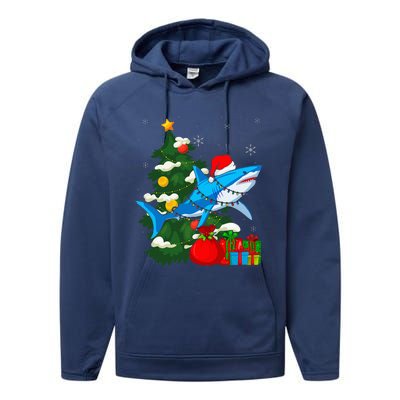 Santa Shark Christmas Lights Sharkmas Tree Xmas Performance Fleece Hoodie