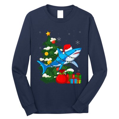 Santa Shark Christmas Lights Sharkmas Tree Xmas Long Sleeve Shirt